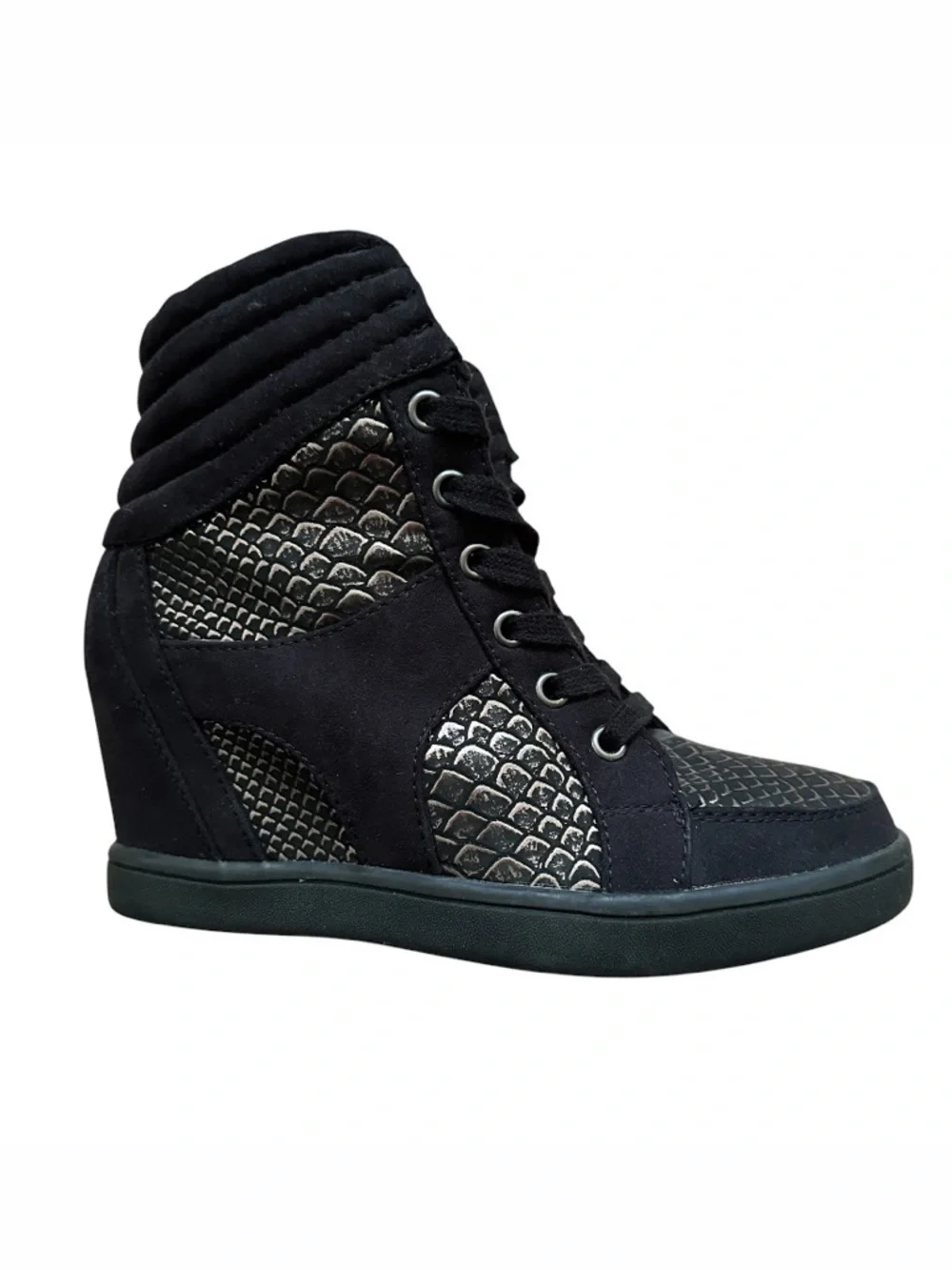 Call It Spring Black Gold Faux Suede Booties Hidden Wedge Hidden Heel - US 7